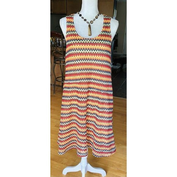 SJS Dress Women Plus Size 1X Chevron Multi Colored Crochet Sleeveless Midi ALine - Picture 1 of 9